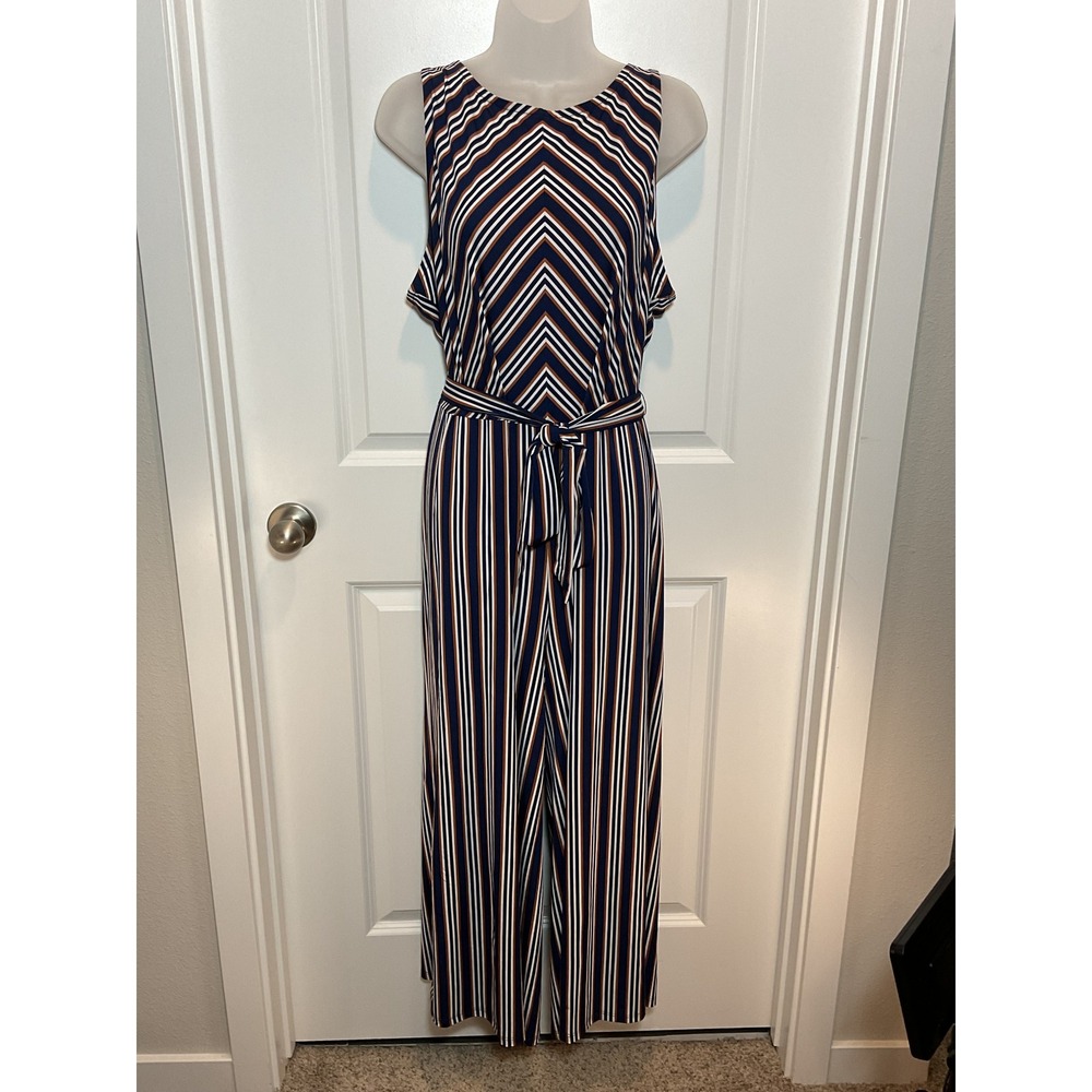 Du Jour Striped Wide Leg Jumpsuit Womens XL‎ Navy White Rust Sleeveless Belted